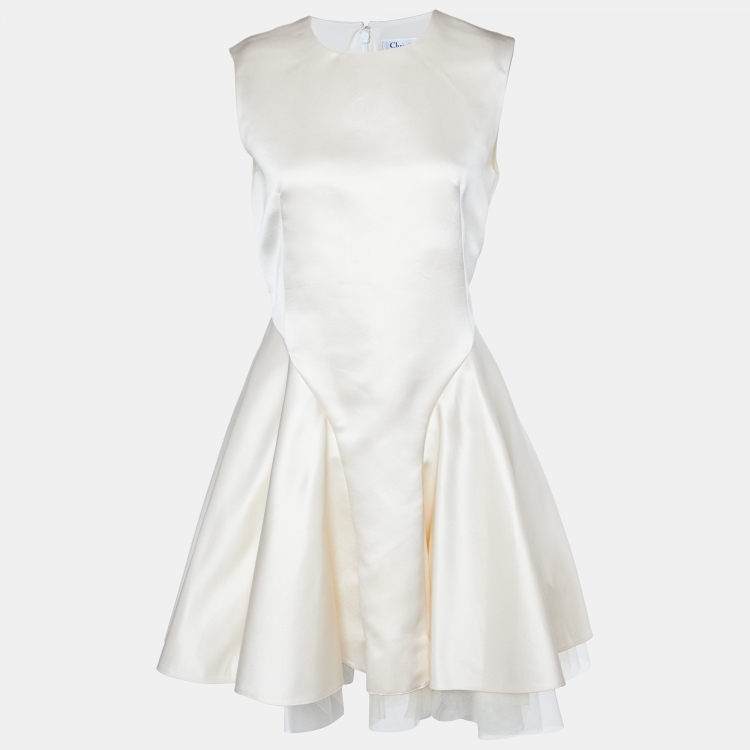 Pre Owned Dior Cream Silk Satin Mesh Trimmed Sleeveless Dress M