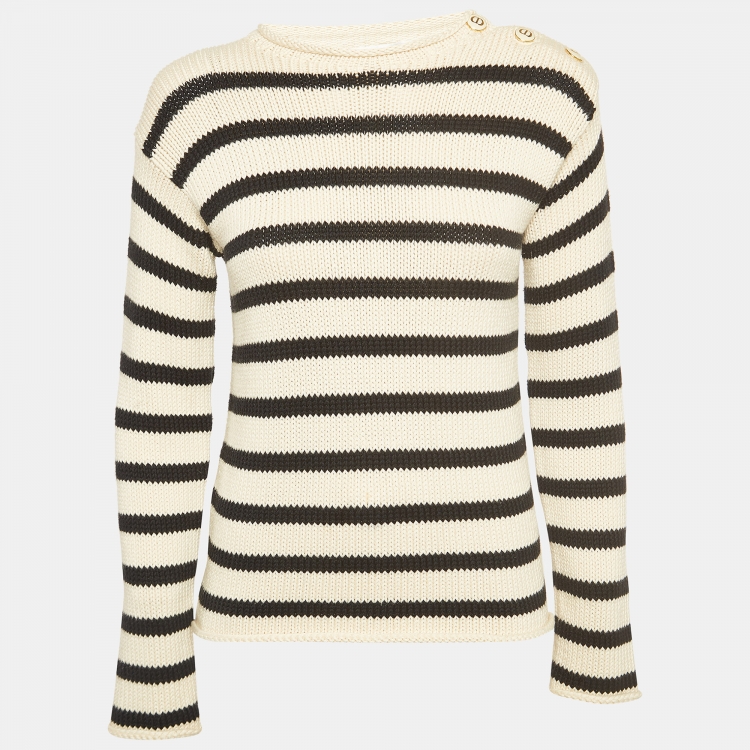 Pre Owned Christian Dior Black/White Stripe Rib Knit Crew Neck Sweater S