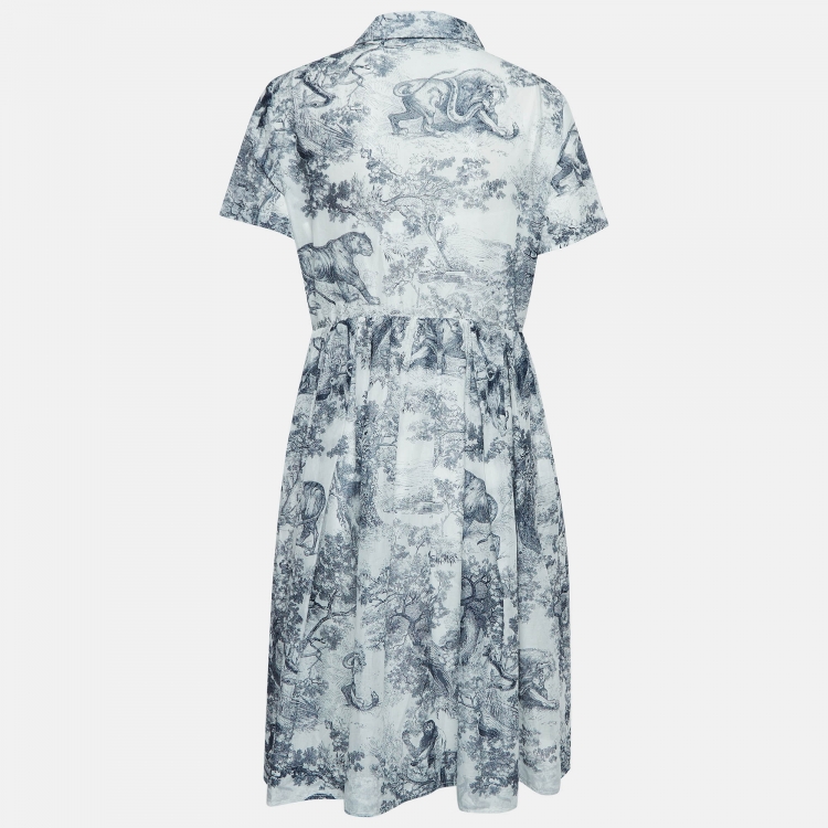 Pre Owned Dior White Toile De Jouy Print Cotton Midi Shirt Dress L