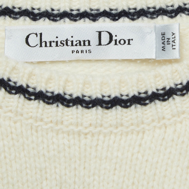 Pre Owned Dior Ecru White Logo Intarsia Wool Sweater Top S
