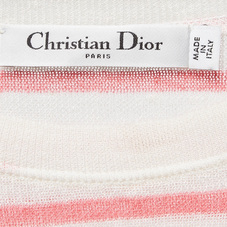 Pre Owned Dior Pink and White Strip Patterned Knit Shoulder Buttoned Top XL 