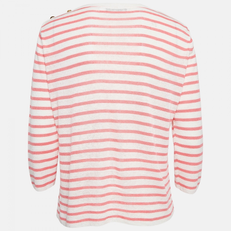 Pre Owned Dior Pink and White Strip Patterned Knit Shoulder Buttoned Top XL 