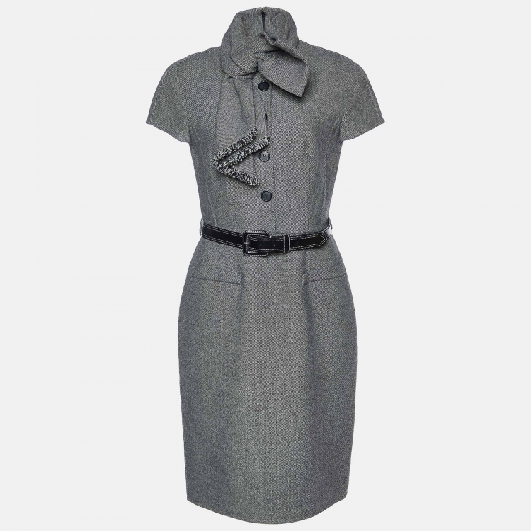 Pre Owned Dior Monochrome Wool Bow Detail Belted Dress M