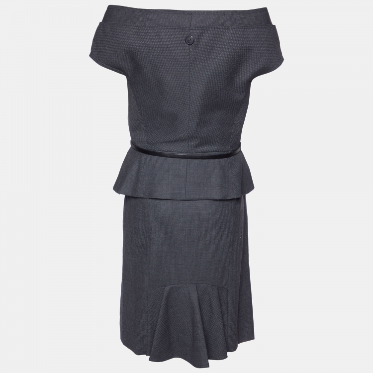 Pre Owned Dior Dark Grey Wool Belted Skirt Suit L