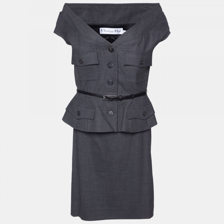 Pre Owned Dior Dark Grey Wool Belted Skirt Suit L