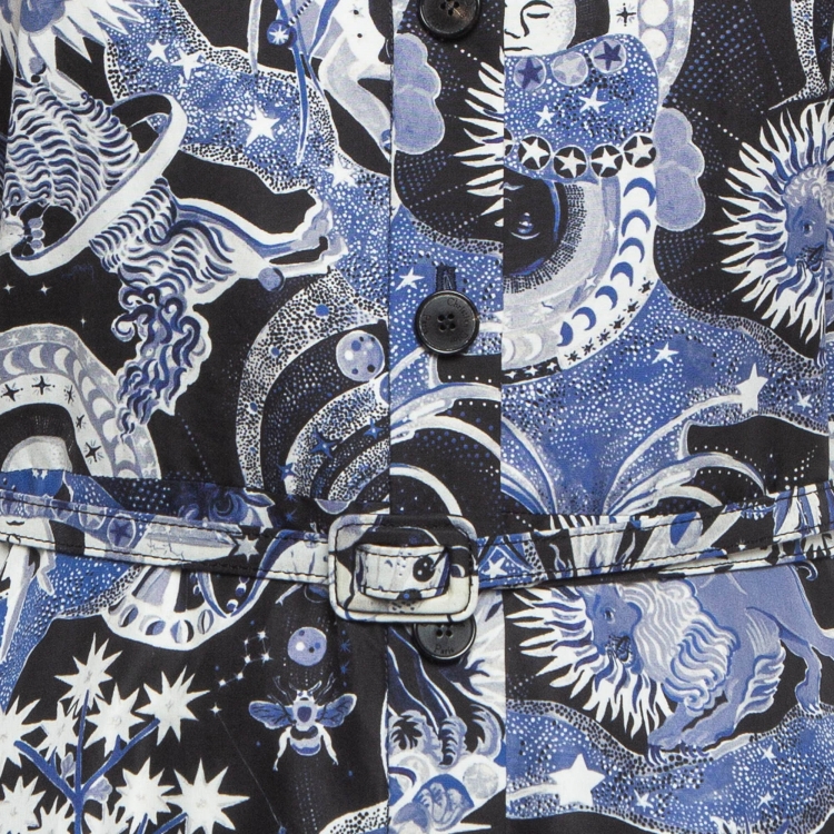 Pre Owned Christian Dior Blue Celestial Print Poplin Belted Midi Dress M