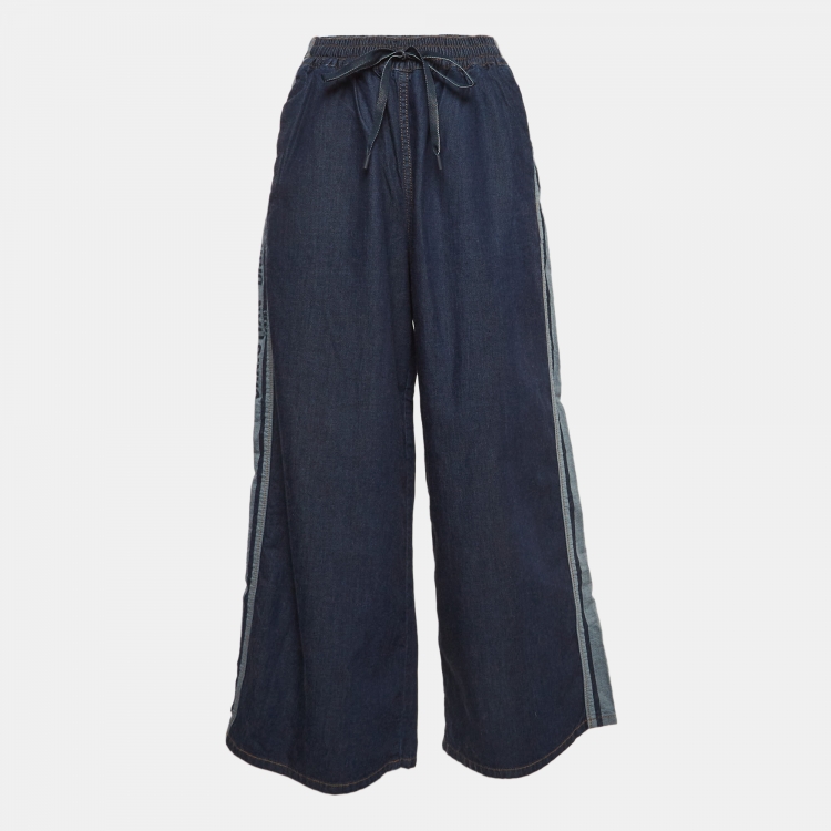 Pre Owned Christian Dior Blue Logo Side Stripe Wide Leg Pants S