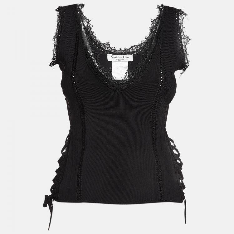 Pre Owned Christian Dior Black Tulle Trim Jersey Lace-Up Top M