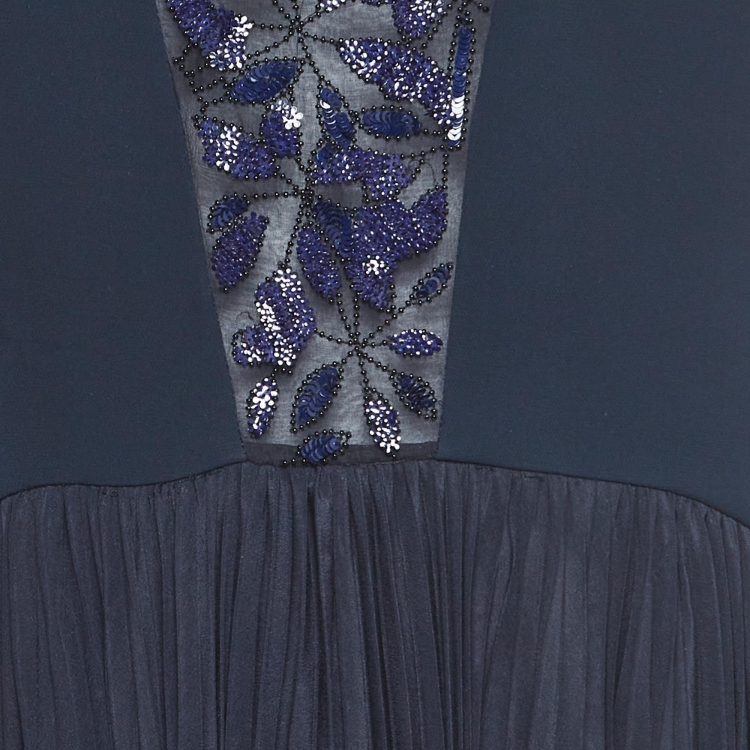 Pre Owned Dior Navy Blue Embellished Silk Pleated Maxi Dress S