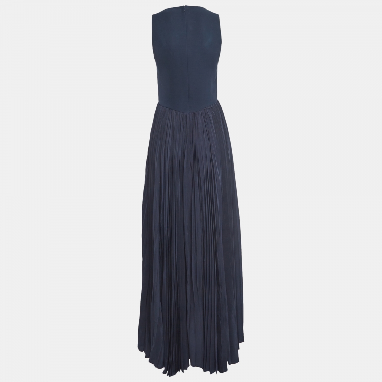Pre Owned Dior Navy Blue Embellished Silk Pleated Maxi Dress S