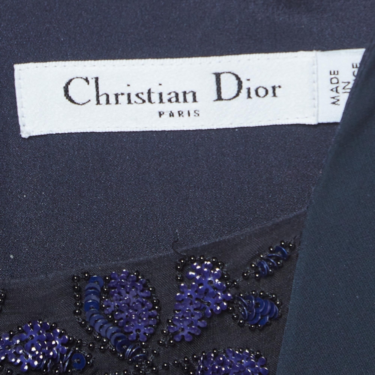 Pre Owned Dior Navy Blue Embellished Silk Pleated Maxi Dress S