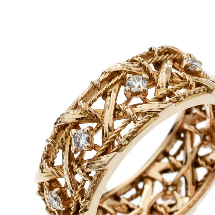 Pre Owned Dior My Dior Diamond 18k Rose Gold Openwork Band Ring Size 55