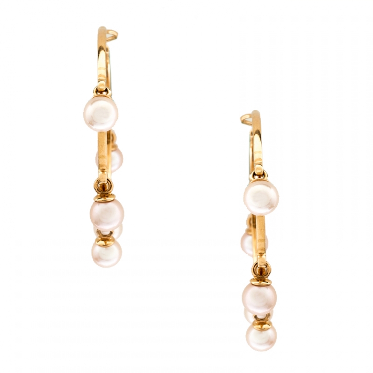 Pre Owned Dior Cultured Pearl 18k Rose Gold Hoop Earrings