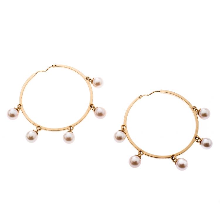 Pre Owned Dior Cultured Pearl 18k Rose Gold Hoop Earrings