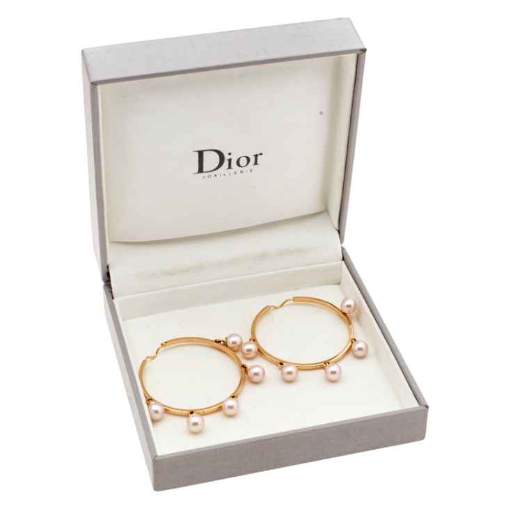 Pre Owned Dior Cultured Pearl 18k Rose Gold Hoop Earrings