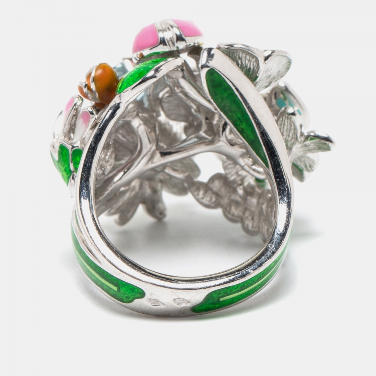 Pre Owned Dior Diorette Aquamarine Diamond Enamel 18k White Gold Cocktail Ring Size 54