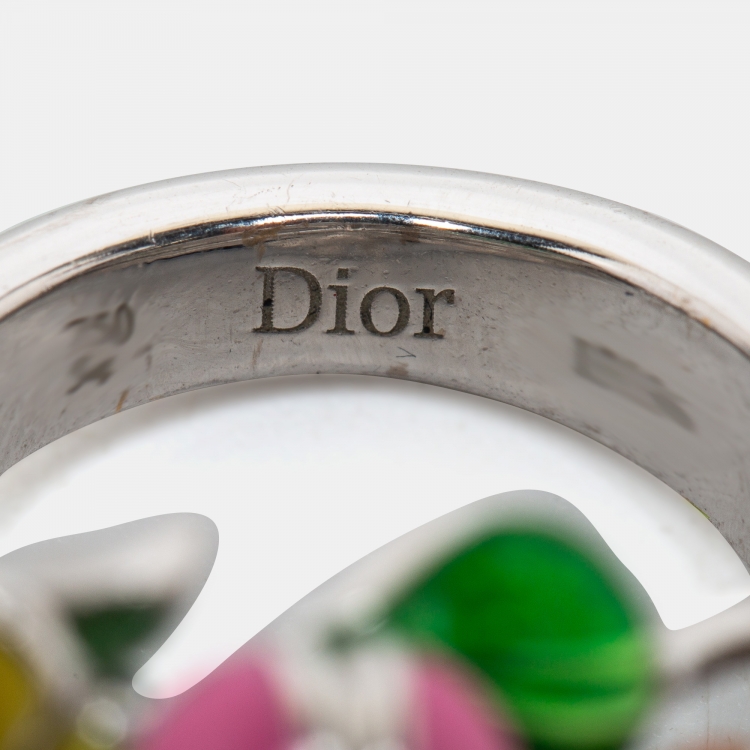 Pre Owned Dior Diorette Aquamarine Diamond Enamel 18k White Gold Cocktail Ring Size 54