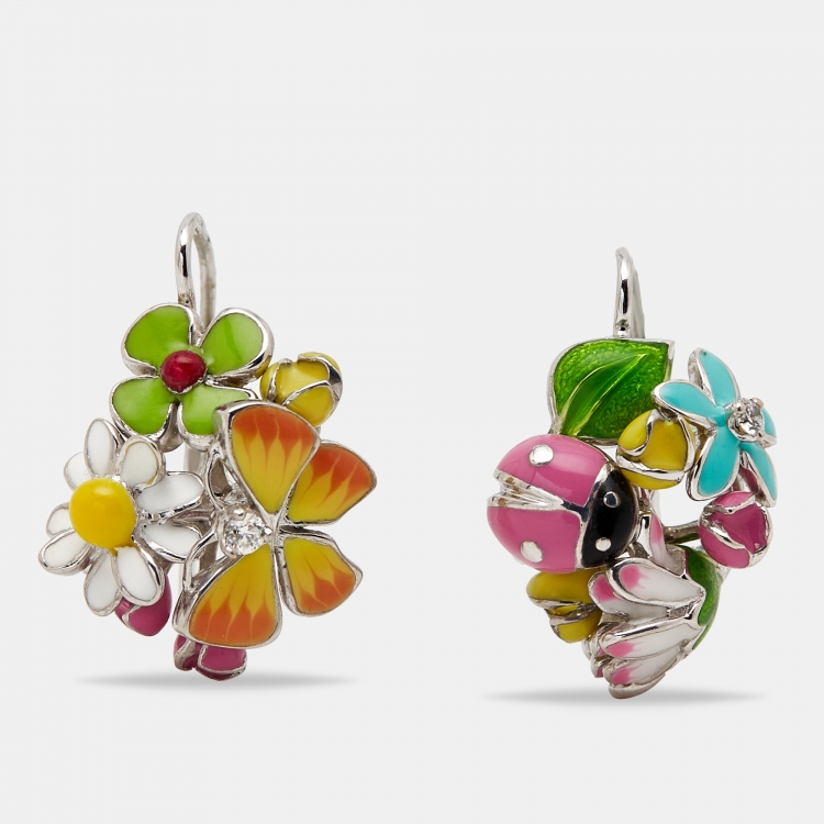 Pre Owned Dior Diorette Enamel Diamond 18k White Gold Earrings