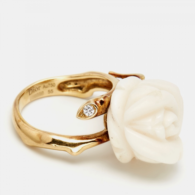 Pre Owned Dior Pre Catelan Diamond Chalcedony Rose 18k Yellow Gold Ring Size 55