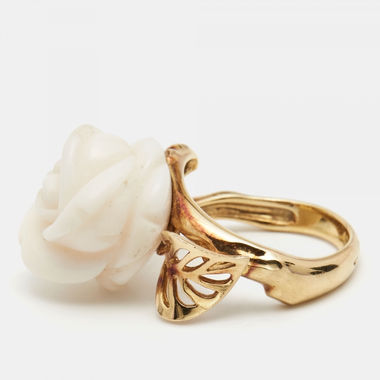 Pre Owned Dior Pre Catelan Diamond Chalcedony Rose 18k Yellow Gold Ring Size 55