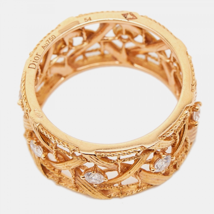 Pre Owned Dior My Dior Diamond 18k Rose Gold Large Openwork Band Ring Size 54
