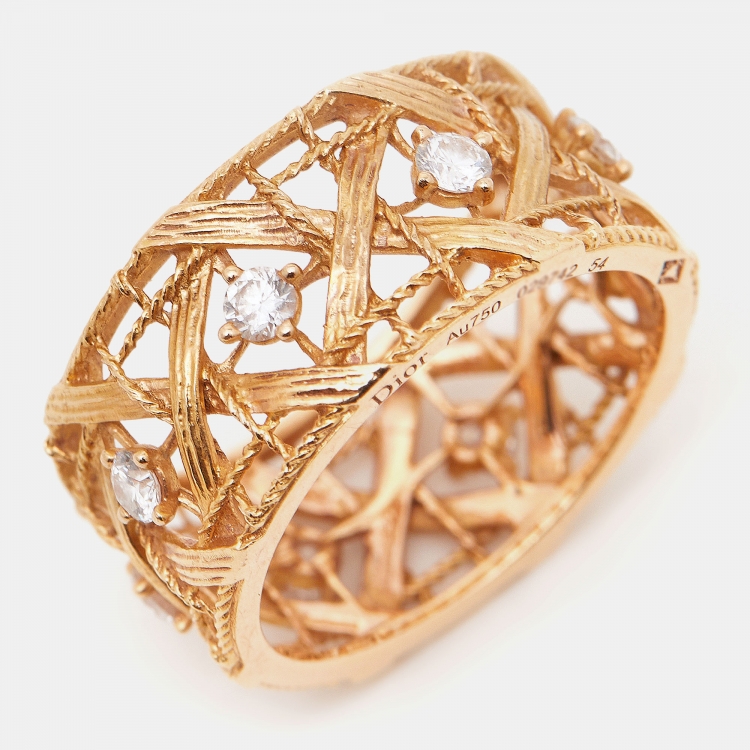 Pre Owned Dior My Dior Diamond 18k Rose Gold Large Openwork Band Ring Size 54