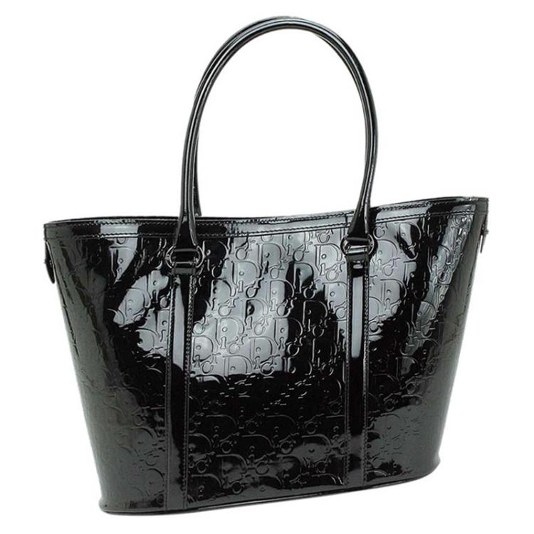 Pre Owned Dior Black Monogram Patent Shopper Tote