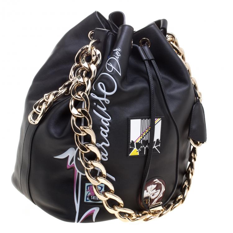 Pre Owned Dior Black Leather Paradise Bubble Drawstring Bucket Bag