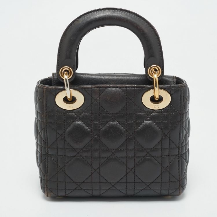 Pre Owned Dior Dark Grey Cannage Leather Mini Lady Dior Tote