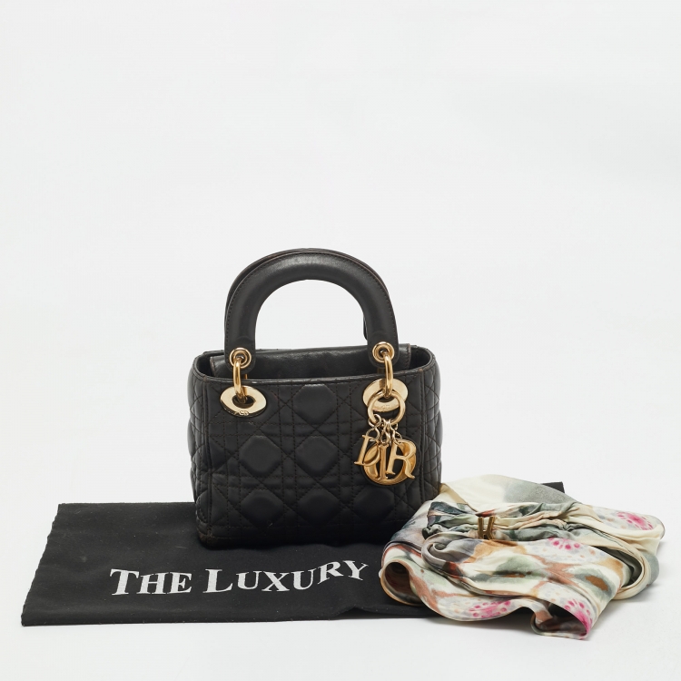 Pre Owned Dior Dark Grey Cannage Leather Mini Lady Dior Tote