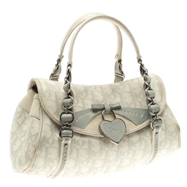 Pre Owned Dior Off White/Grey Monogram Coated Canvas Trotter Romantique Boston Bag