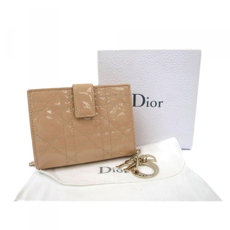 Pre Owned Dior Beige Cannage Quilted Patent Leather Lady Dior Bifold Wallet