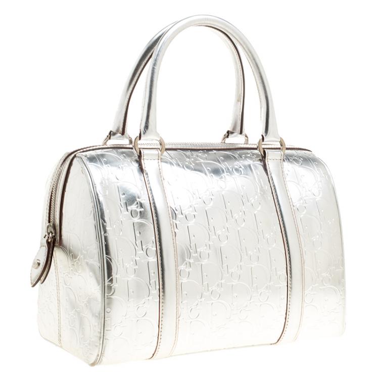 Pre Owned Christian Dior Metallic Silver Oblique Monogram Leather Boston Bag