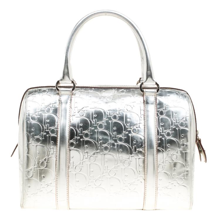 Pre Owned Christian Dior Metallic Silver Oblique Monogram Leather Boston Bag