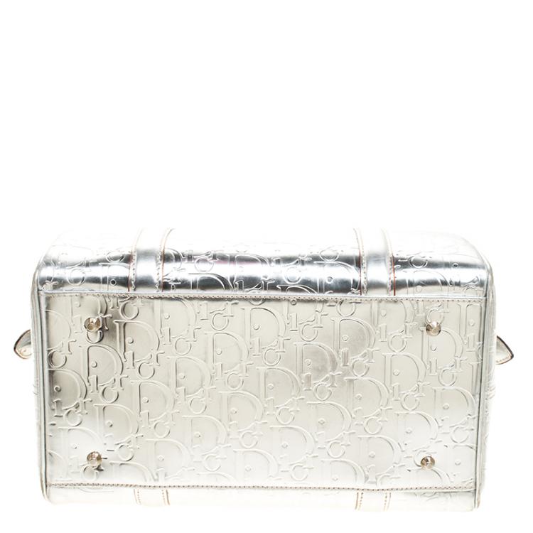 Pre Owned Christian Dior Metallic Silver Oblique Monogram Leather Boston Bag