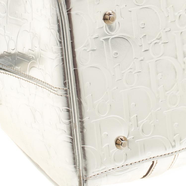 Pre Owned Christian Dior Metallic Silver Oblique Monogram Leather Boston Bag
