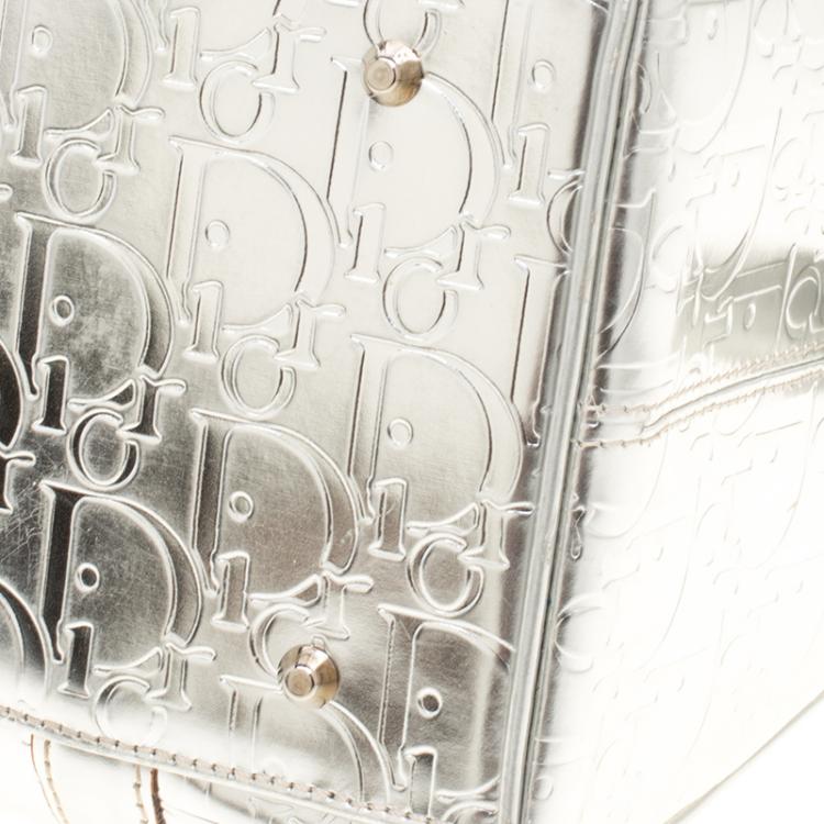 Pre Owned Christian Dior Metallic Silver Oblique Monogram Leather Boston Bag