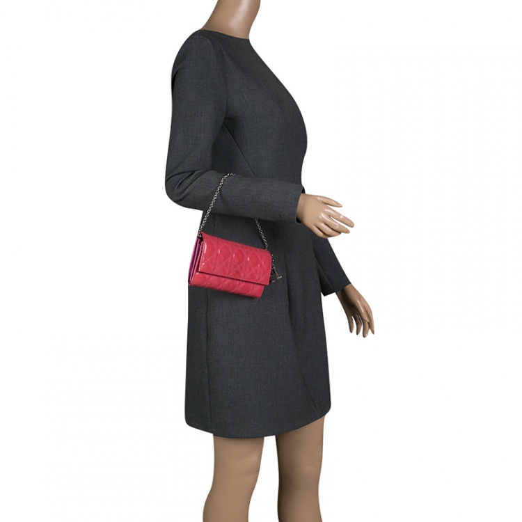 Pre Owned Dior Pink Cannage Patent Leather Wallet on Chain