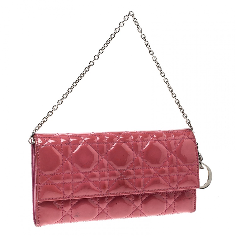 Pre Owned Dior Pink Cannage Patent Leather Wallet on Chain