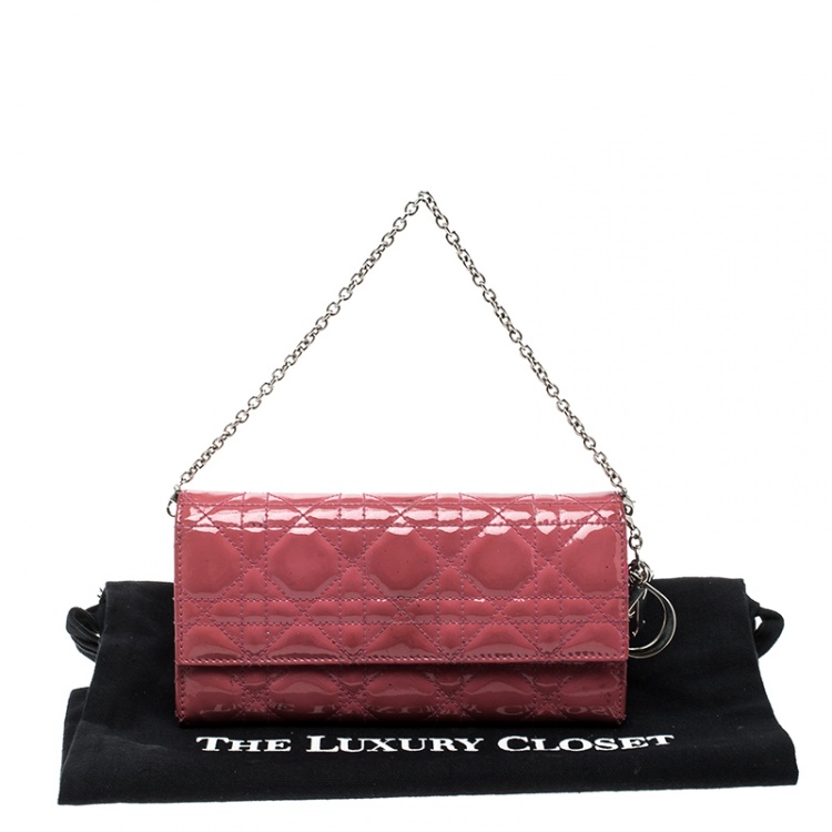 Pre Owned Dior Pink Cannage Patent Leather Wallet on Chain