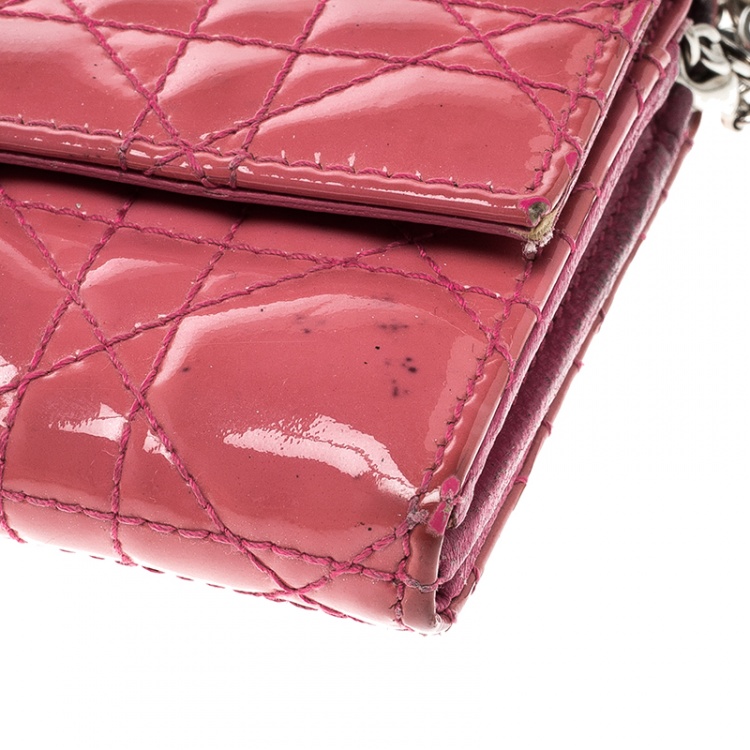 Pre Owned Dior Pink Cannage Patent Leather Wallet on Chain