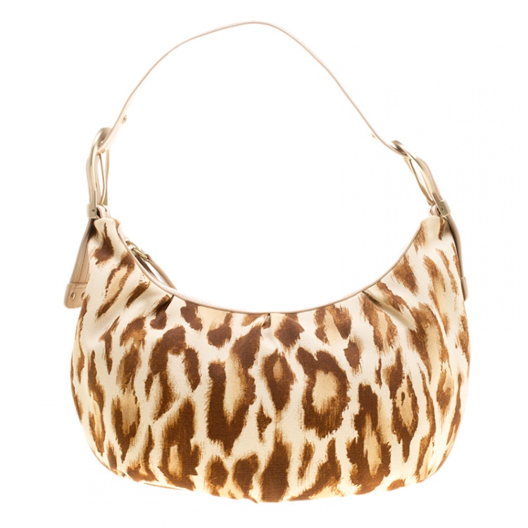 Pre Owned Dior Beige/Brown Leopard Print Buckle Zip Hobo