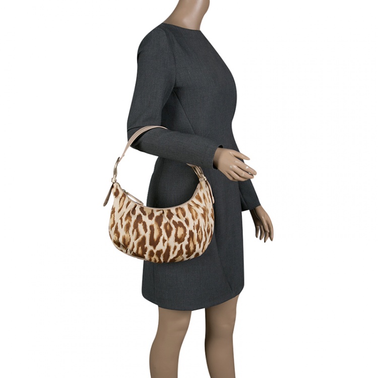 Pre Owned Dior Beige/Brown Leopard Print Buckle Zip Hobo