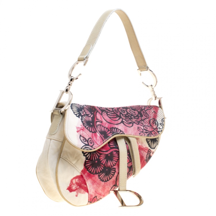 Pre Owned Dior Off White/Red Printed Fabric Limited Edition 071 Saddle Bag