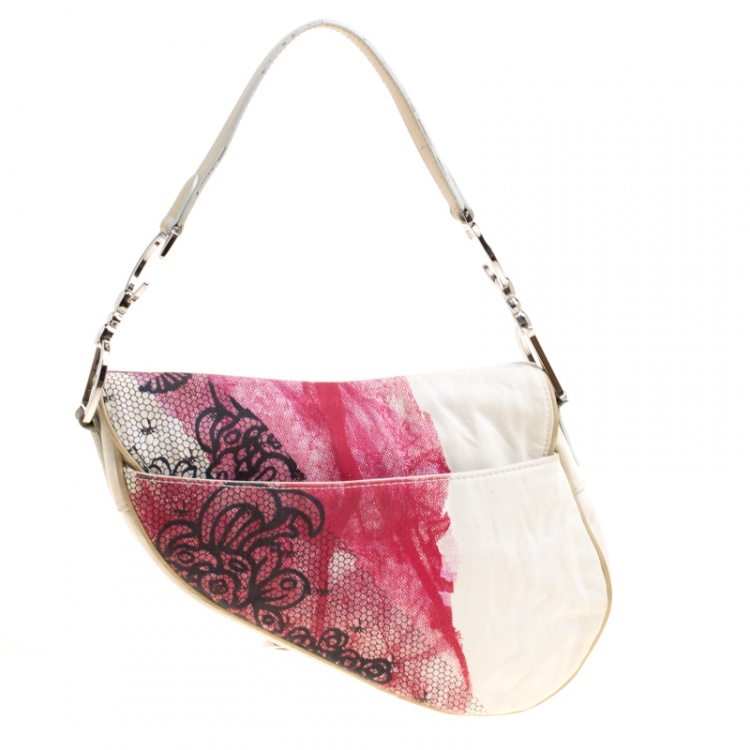 Pre Owned Dior Off White/Red Printed Fabric Limited Edition 071 Saddle Bag