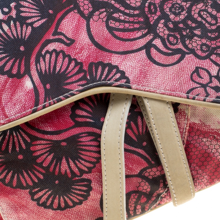 Pre Owned Dior Off White/Red Printed Fabric Limited Edition 071 Saddle Bag