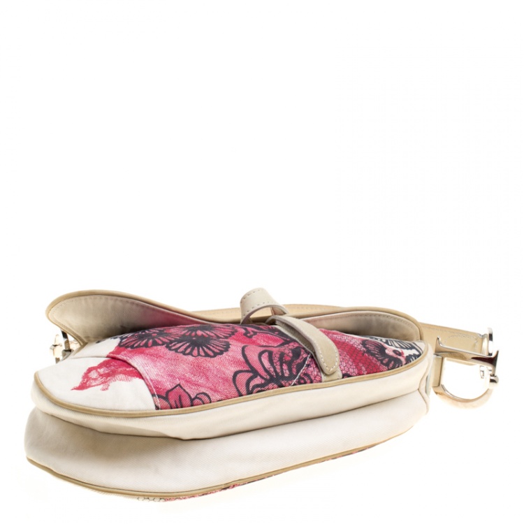 Pre Owned Dior Off White/Red Printed Fabric Limited Edition 071 Saddle Bag