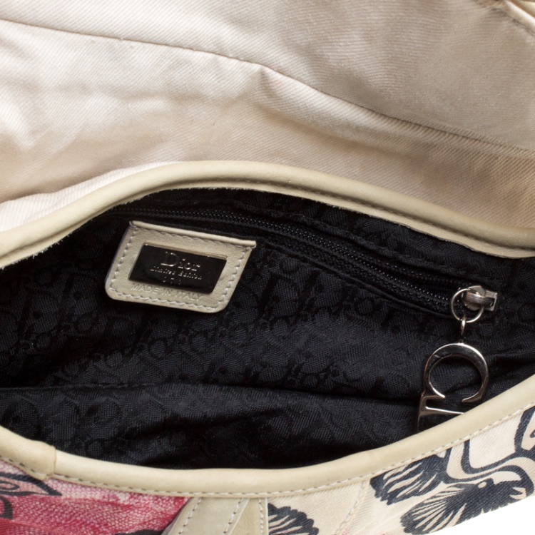 Pre Owned Dior Off White/Red Printed Fabric Limited Edition 071 Saddle Bag