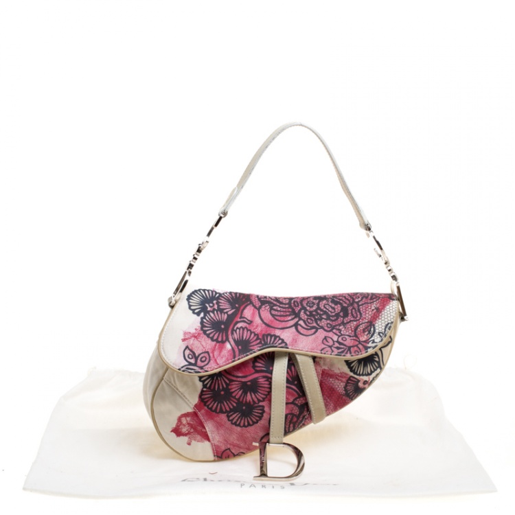 Pre Owned Dior Off White/Red Printed Fabric Limited Edition 071 Saddle Bag