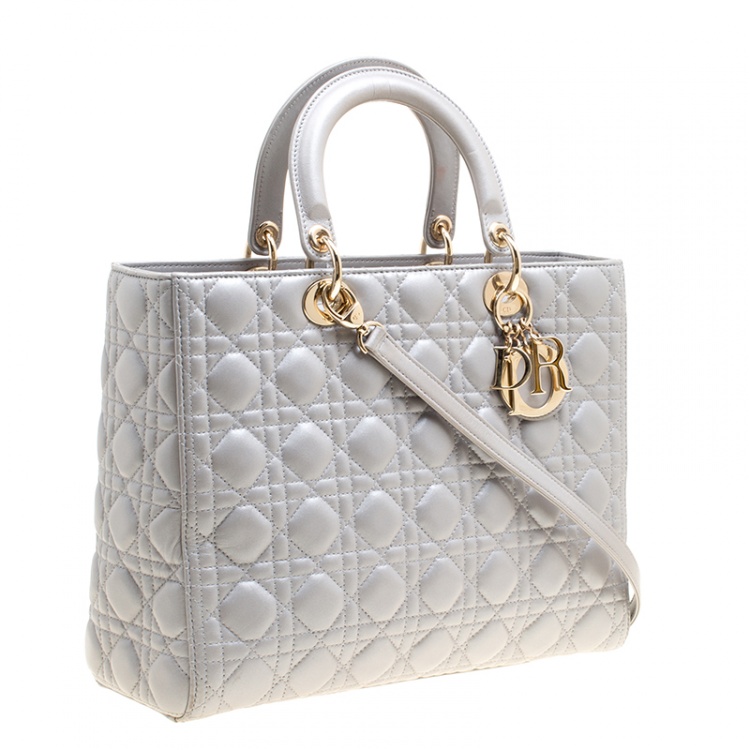 Pre Owned Dior Grey Leather Large Lady Dior Top Handle Bag